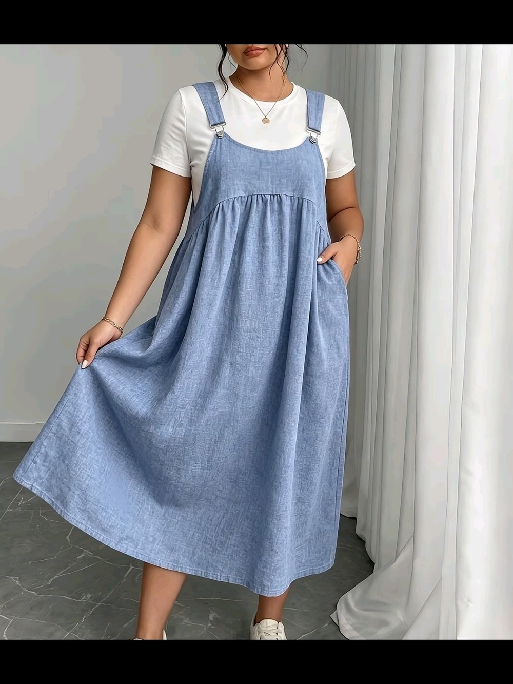 Casual Blue Denim-Effect Pinafore Dress